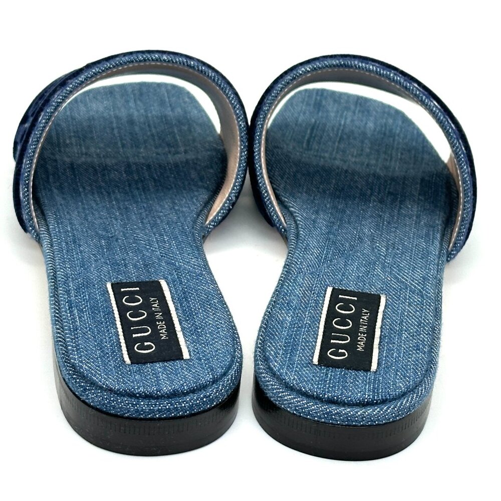 Gucci Jane Denim Logo Embroidered Flat Slide Sandals Shoes Blue - Picture 13 of 16